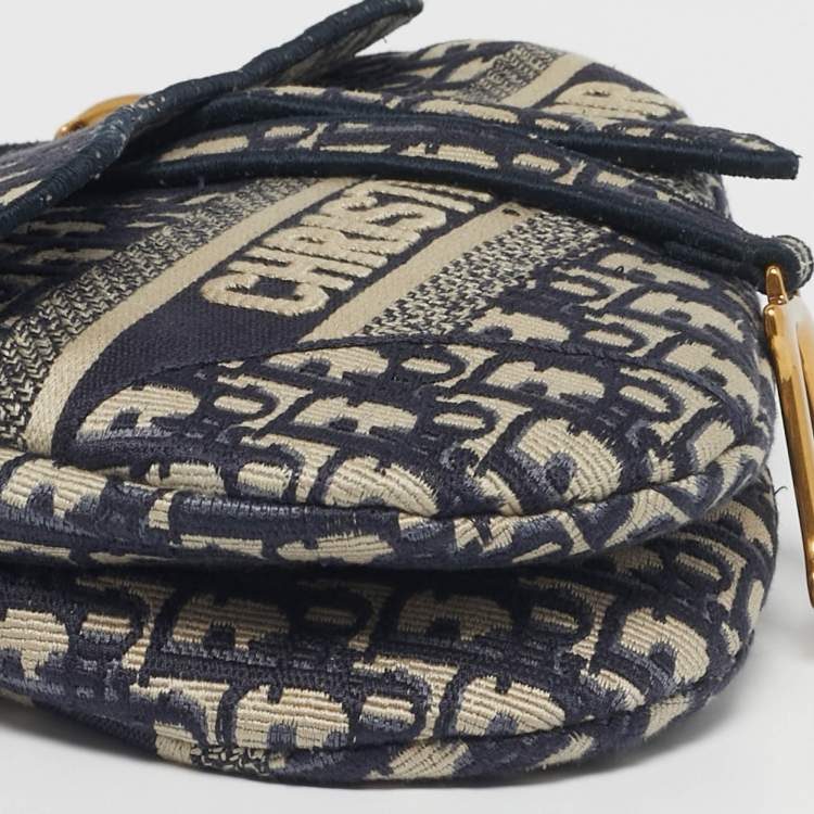 Pre Owned Dior Navy Blue Oblique Canvas and Leather Saddle Bag