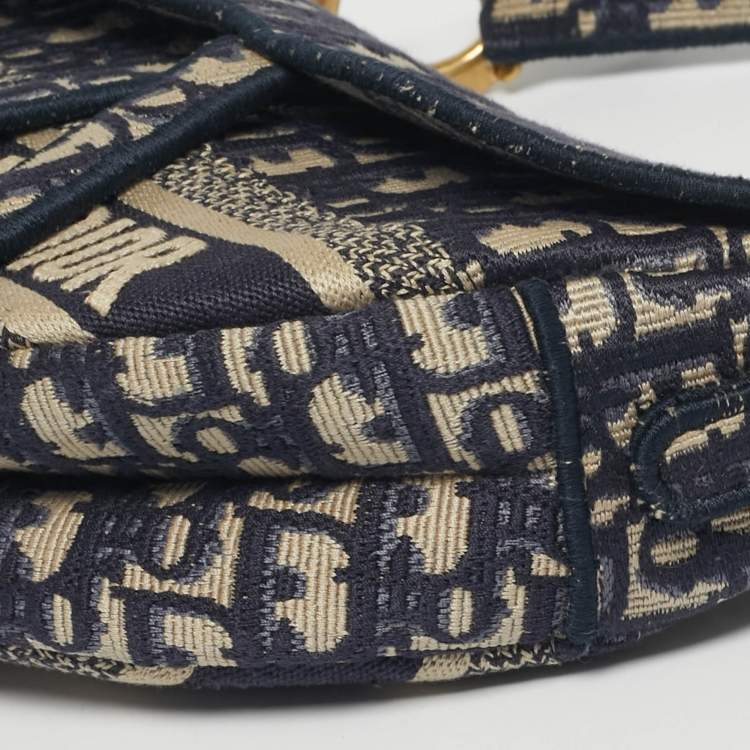Pre Owned Dior Navy Blue Oblique Canvas and Leather Saddle Bag