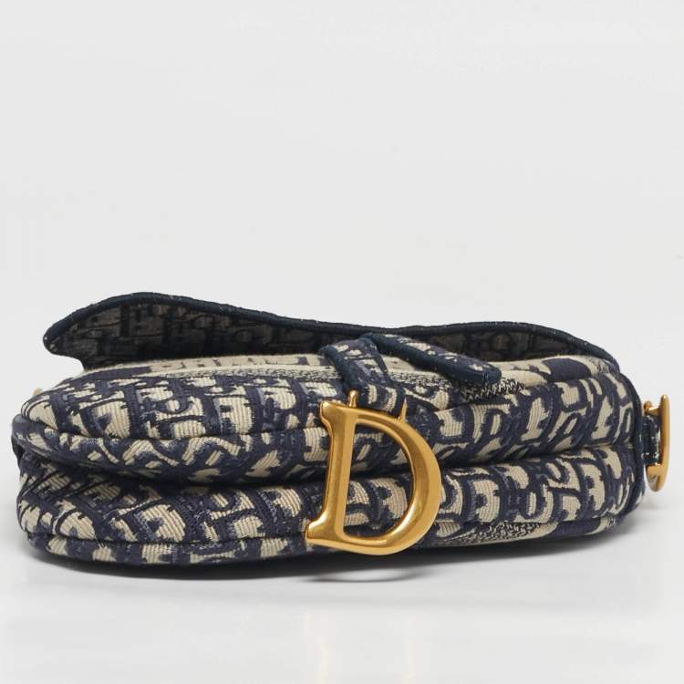 Pre Owned Dior Navy Blue Oblique Canvas and Leather Saddle Bag