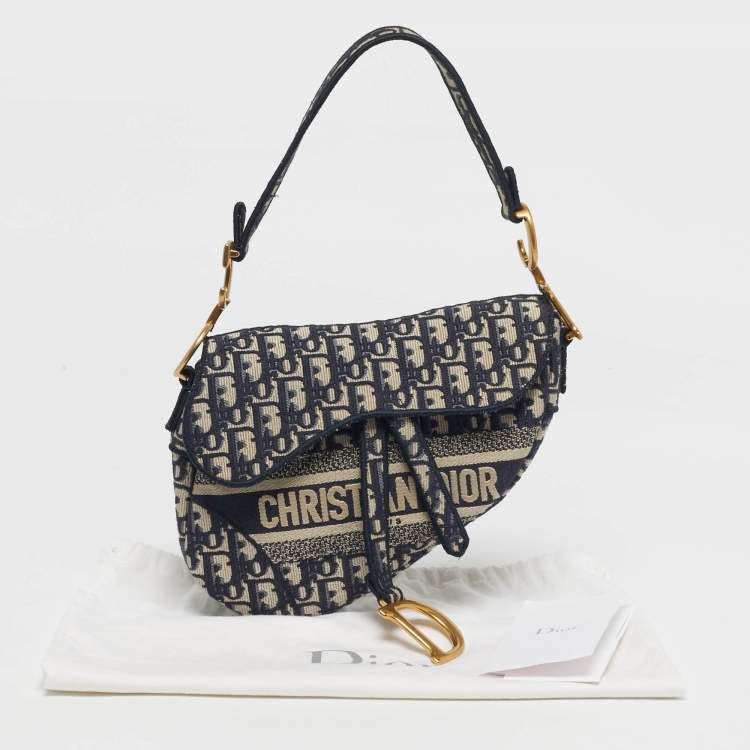 Pre Owned Dior Navy Blue Oblique Canvas and Leather Saddle Bag