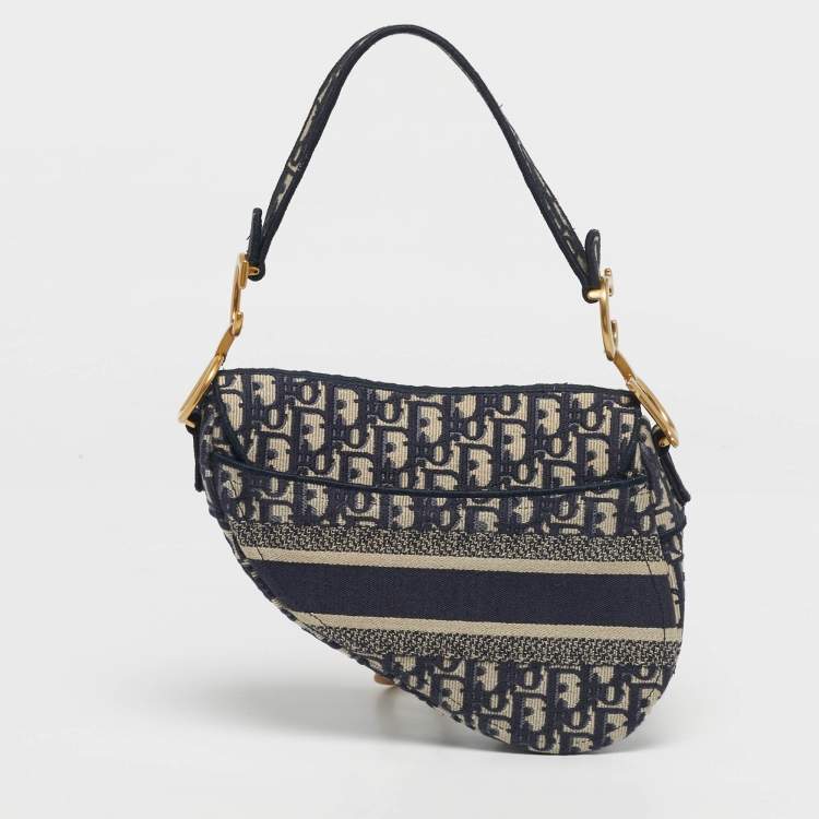 Pre Owned Dior Navy Blue Oblique Canvas and Leather Saddle Bag
