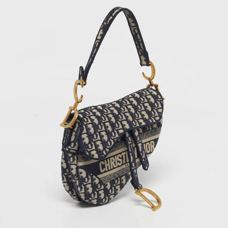 Pre Owned Dior Navy Blue Oblique Canvas and Leather Saddle Bag