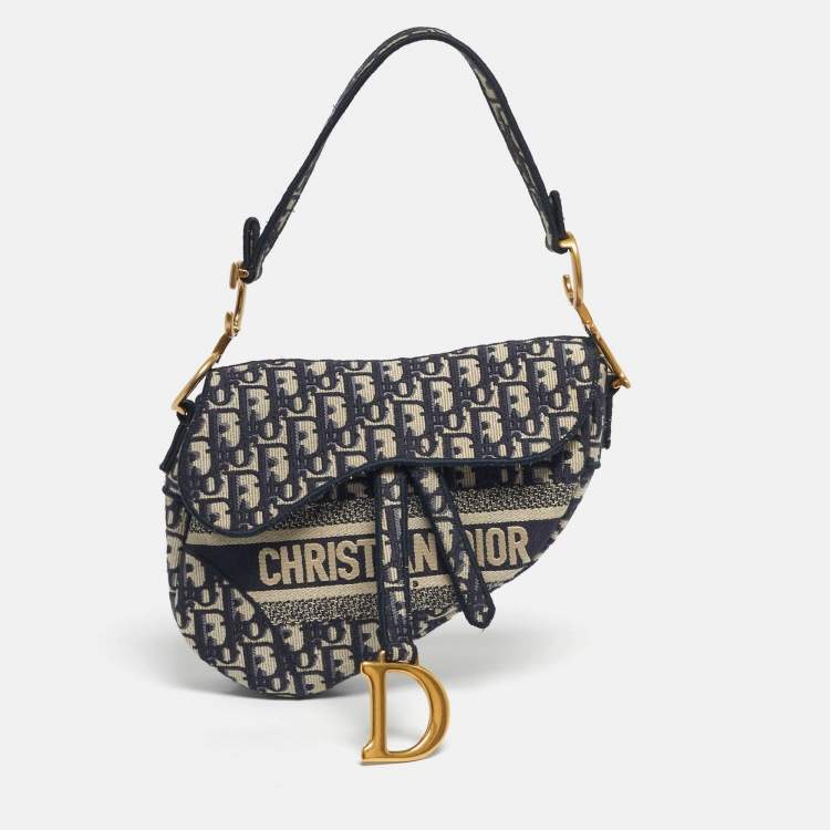 Pre Owned Dior Navy Blue Oblique Canvas and Leather Saddle Bag