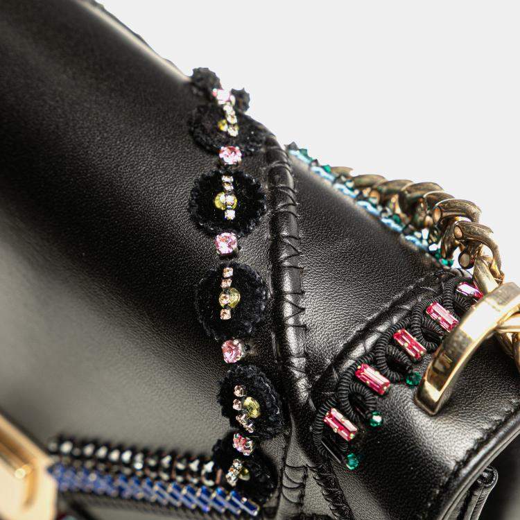 Pre Owned Dior Black Medium Calfskin Crystal Embroidered Diorama Flap