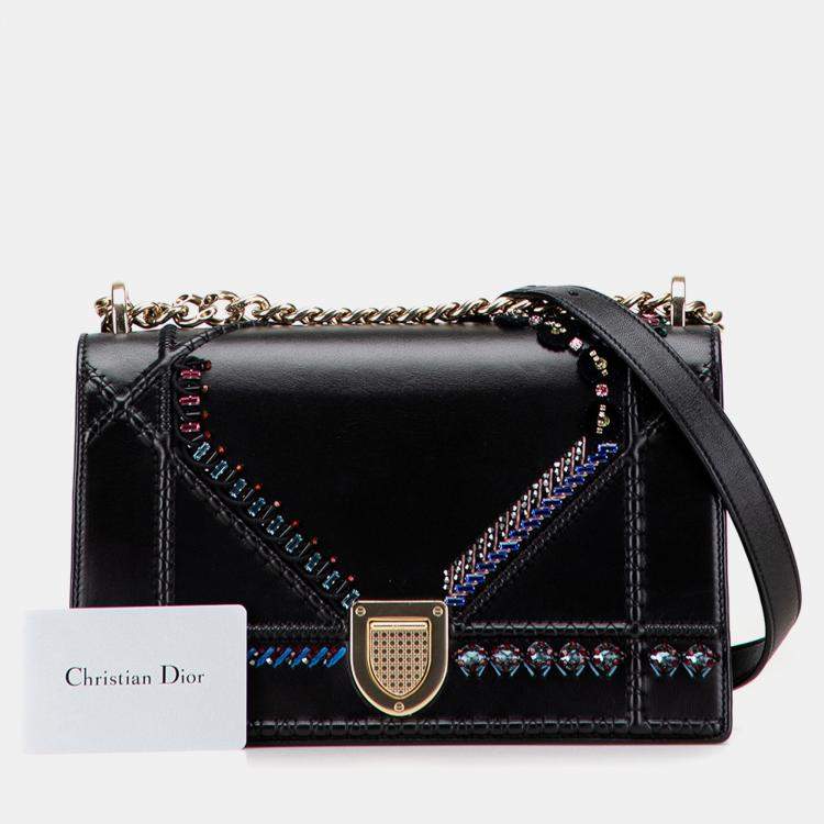 Pre Owned Dior Black Medium Calfskin Crystal Embroidered Diorama Flap