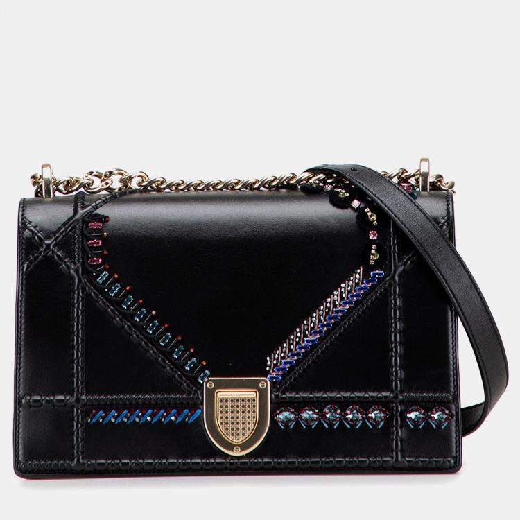 Pre Owned Dior Black Medium Calfskin Crystal Embroidered Diorama Flap
