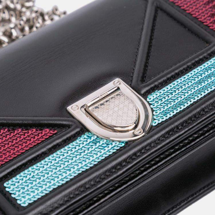 Pre Owned Dior Black Mini Lambskin Sequin Diorama Flap