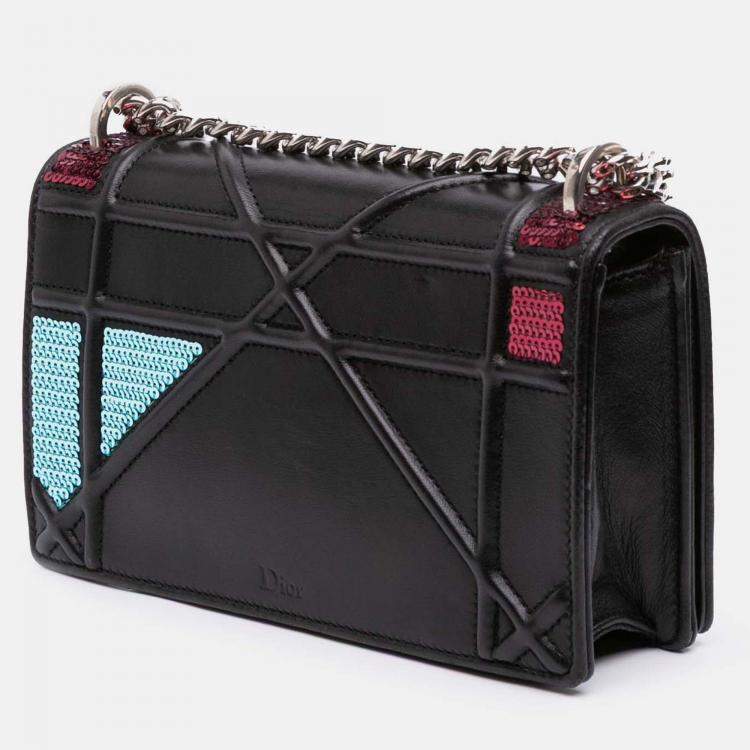 Pre Owned Dior Black Mini Lambskin Sequin Diorama Flap