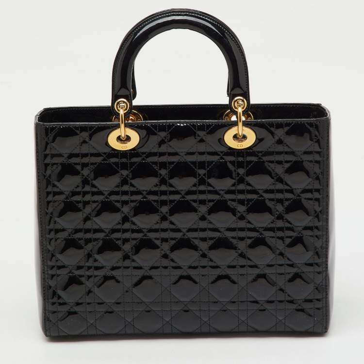Pre Owned Dior Black Cannage Patent Leather Large Lady Dior Tote