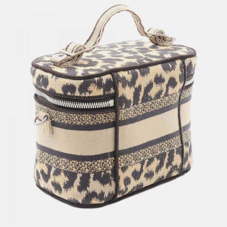 Pre Owned Dior Brown Mizza Small Embroidered Canvas Diortravel Leopard Vanity Case