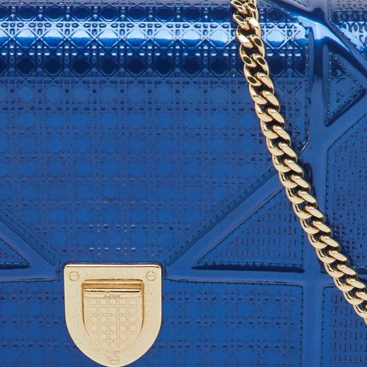Pre Owned Dior Metallic Blue Micro Cannage Patent Leather Diorama Wallet on Chain
