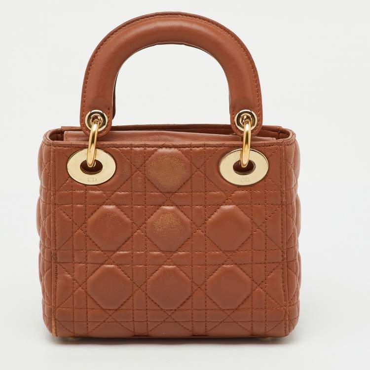 Pre Owned Dior Brown Cannage Leather Mini Lady Dior Tote
