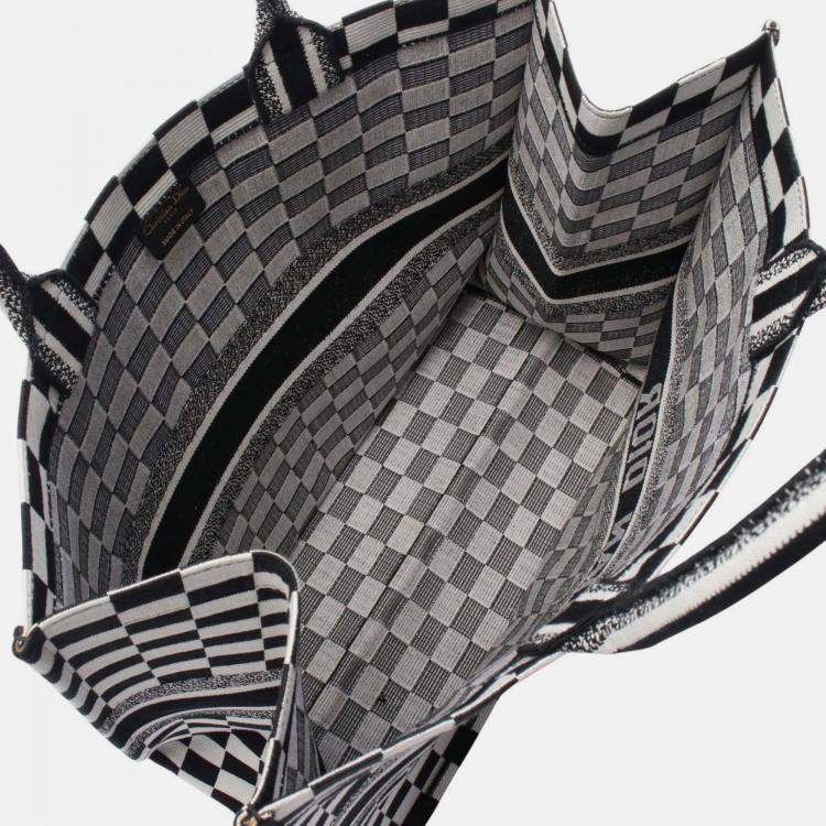 Pre Owned Dior Black White Large Embroidered Canvas Checkered Book Tote