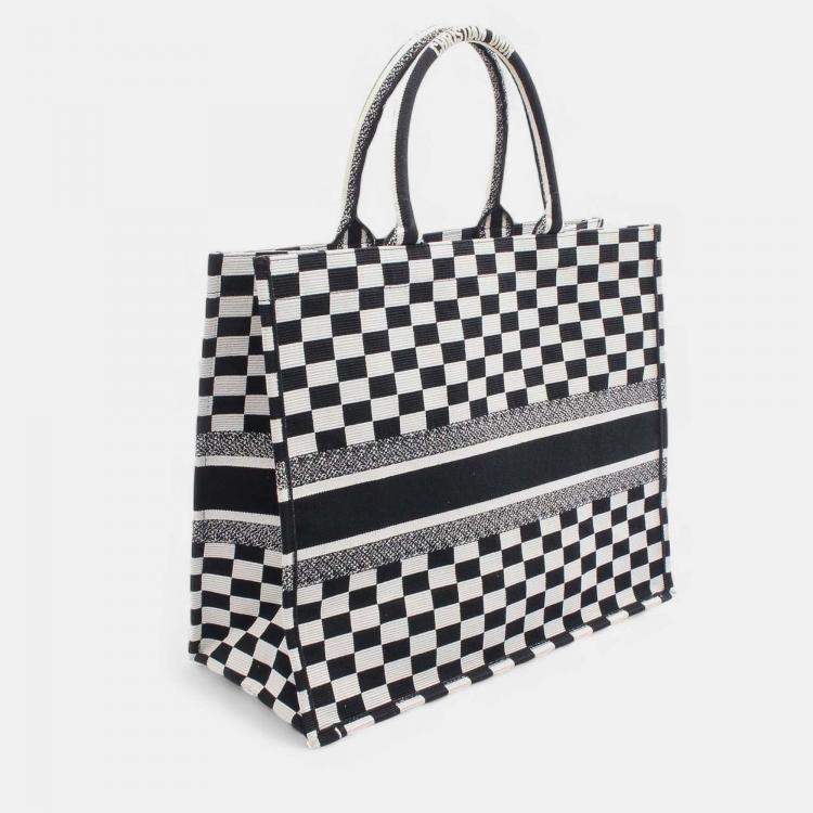 Pre Owned Dior Black White Large Embroidered Canvas Checkered Book Tote