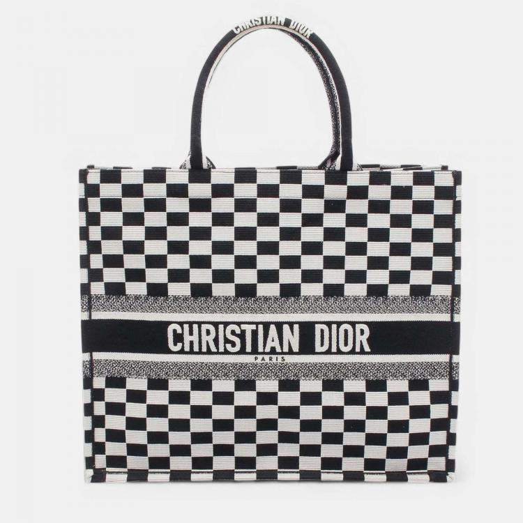 Pre Owned Dior Black White Large Embroidered Canvas Checkered Book Tote