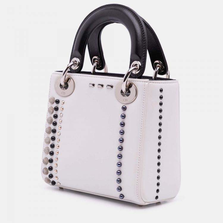 Pre Owned Dior Black White Mini Studded Lambskin Crystal Pearl Lady Dior