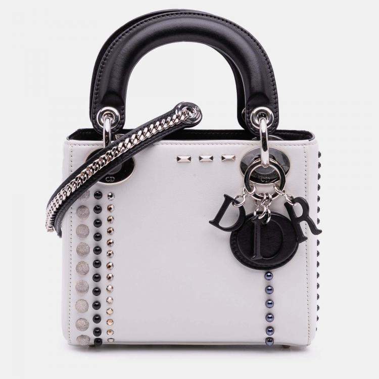 Pre Owned Dior Black White Mini Studded Lambskin Crystal Pearl Lady Dior