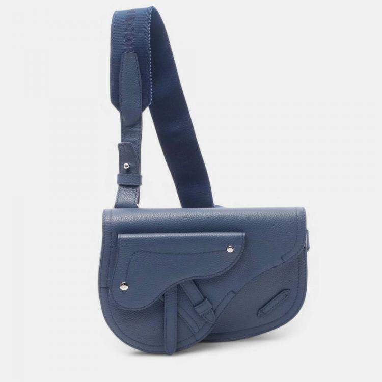 Pre Owned Dior Blue Grained Calfskin Saddle Pouch