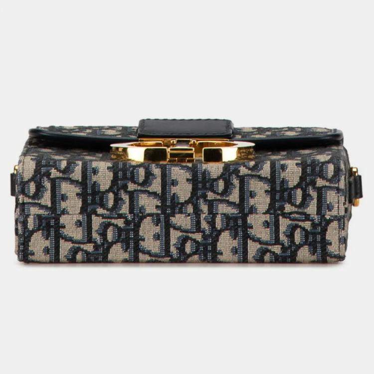 Pre Owned Christian Dior Oblique 30 Montaigne Crossbody Shoulder Bag Navy Beige Leather Jacquard
