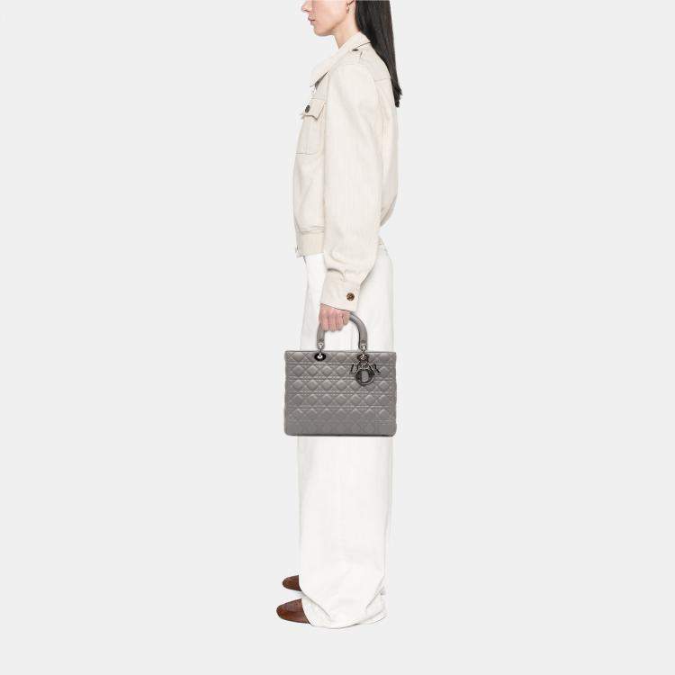 Pre Owned Dior Grey Large Lambskin Cannage Lady Dior