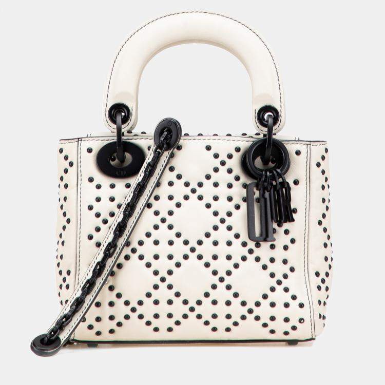 Pre Owned Dior White Mini Ultra Matte Calfskin Cannage Studded Supple Lady Dior