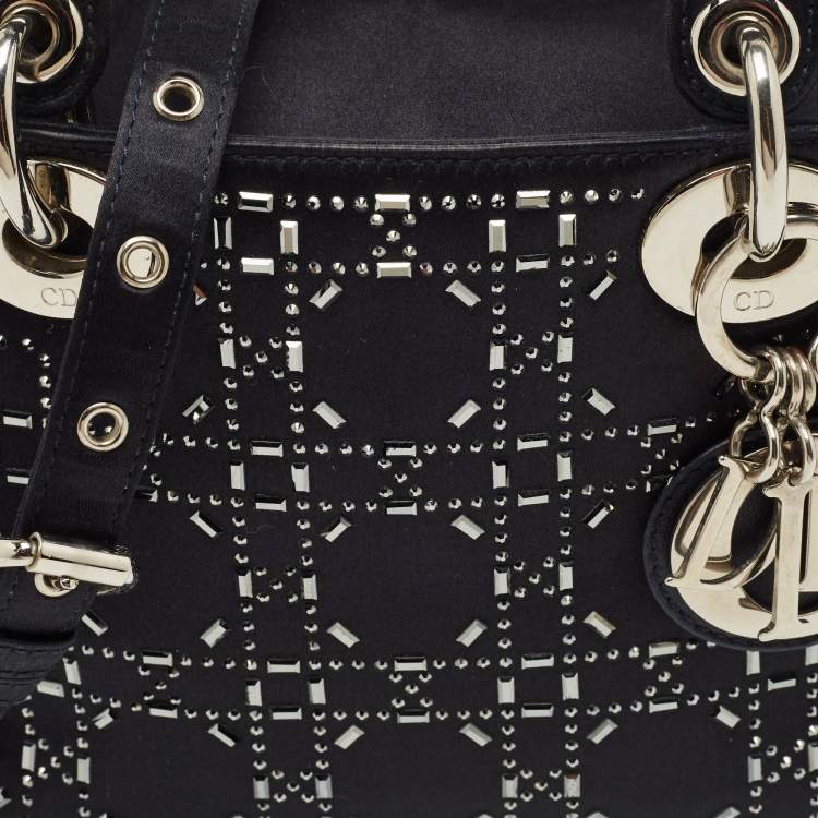 Pre Owned Dior Navy Blue Satin Cannage Strass Crystal Embellished Mini Lady Dior Tote