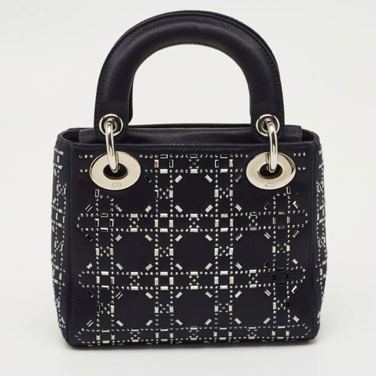 Pre Owned Dior Navy Blue Satin Cannage Strass Crystal Embellished Mini Lady Dior Tote