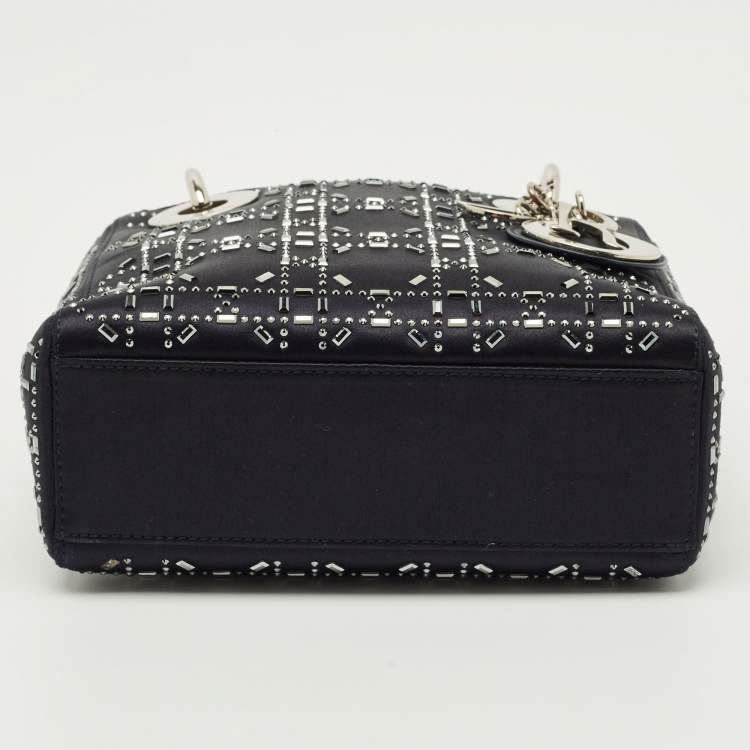 Pre Owned Dior Navy Blue Satin Cannage Strass Crystal Embellished Mini Lady Dior Tote