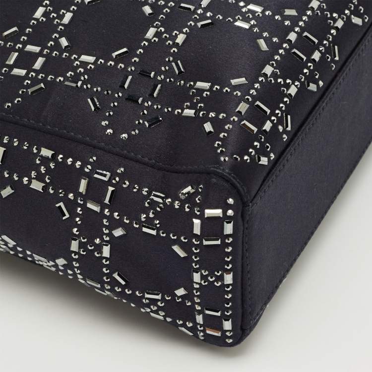 Pre Owned Dior Navy Blue Satin Cannage Strass Crystal Embellished Mini Lady Dior Tote