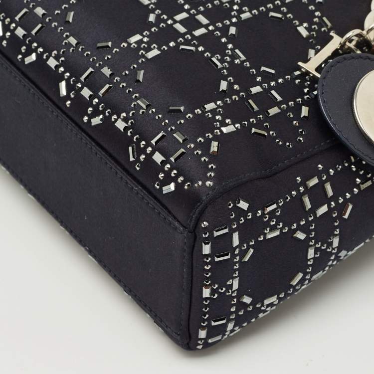 Pre Owned Dior Navy Blue Satin Cannage Strass Crystal Embellished Mini Lady Dior Tote