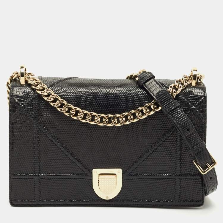 Pre Owned Dior Black Lizard Medium Diorama Flap Shoulder Bag