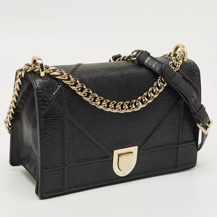 Pre Owned Dior Black Lizard Medium Diorama Flap Shoulder Bag