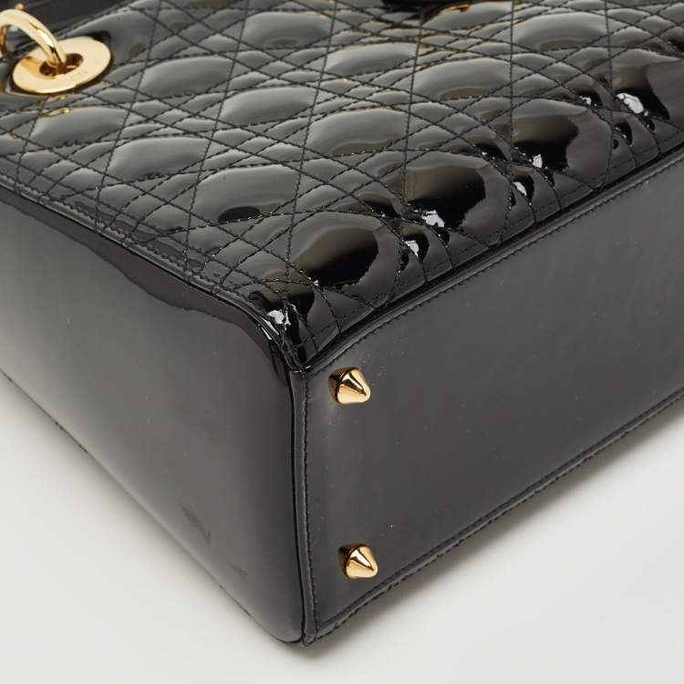 Pre Owned Dior Black Cannage Patent Leather Medium Lady Dior Tote