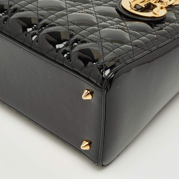 Pre Owned Dior Black Cannage Patent Leather Medium Lady Dior Tote