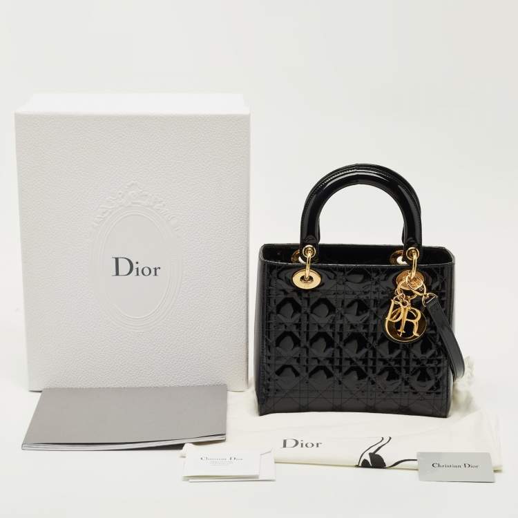 Pre Owned Dior Black Cannage Patent Leather Medium Lady Dior Tote