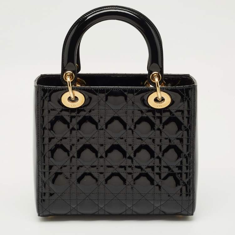 Pre Owned Dior Black Cannage Patent Leather Medium Lady Dior Tote