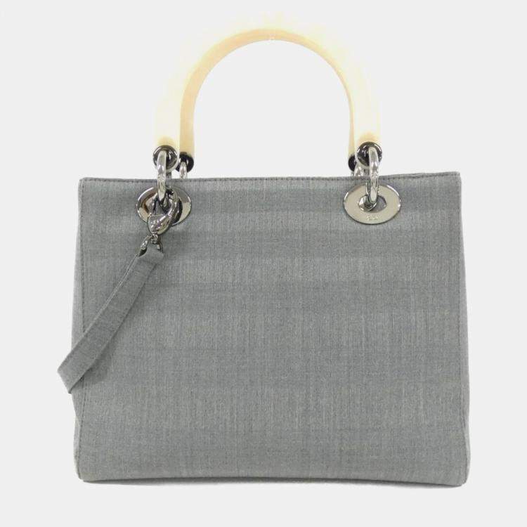 Pre Owned Dior Lady Dior Medium Grey Canvas Handbag