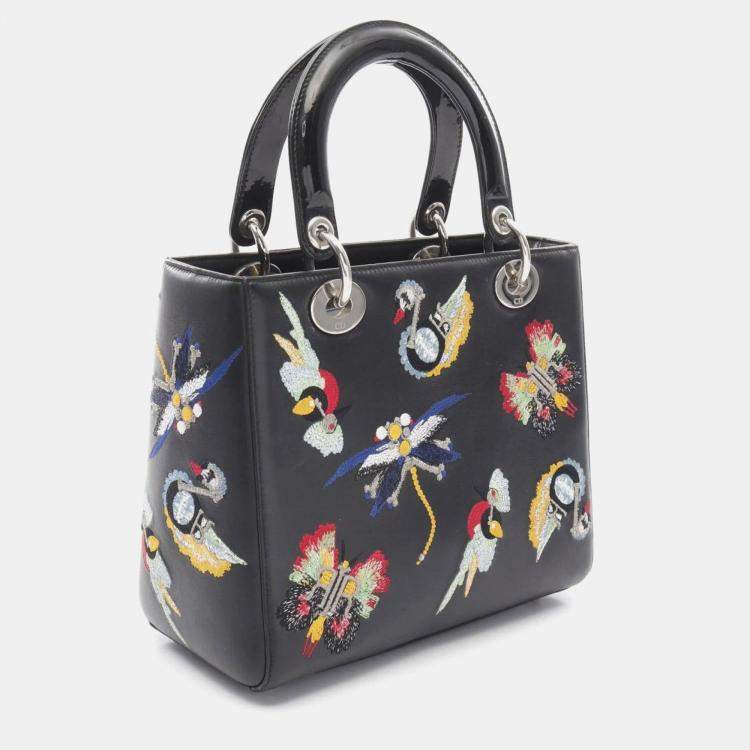 Pre Owned Christian Dior Lady Black Calfskin Enamel Leather Handbag