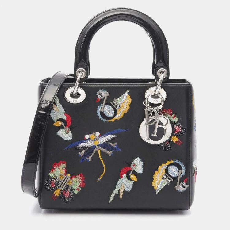 Pre Owned Christian Dior Lady Black Calfskin Enamel Leather Handbag