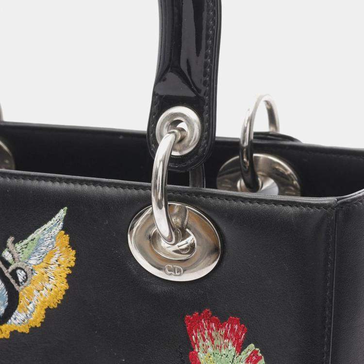 Pre Owned Christian Dior Lady Black Calfskin Enamel Leather Handbag