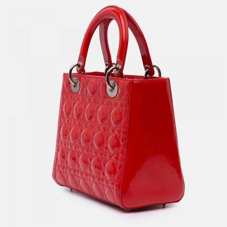 Pre Owned Dior Red Medium Patent Cannage Whipstitch Lady Dior