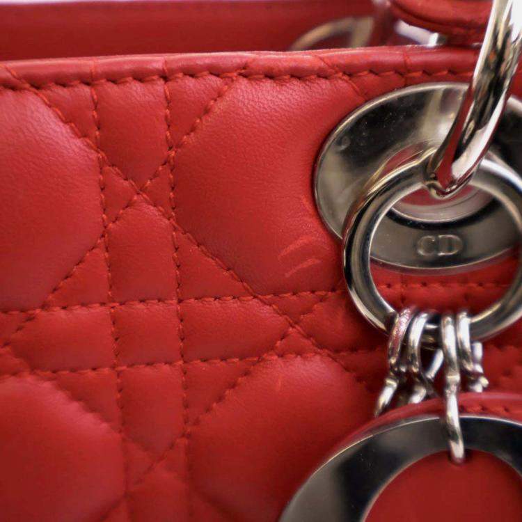 Pre Owned Dior Lady Dior Medium Red Lambskin Top Handle Bag