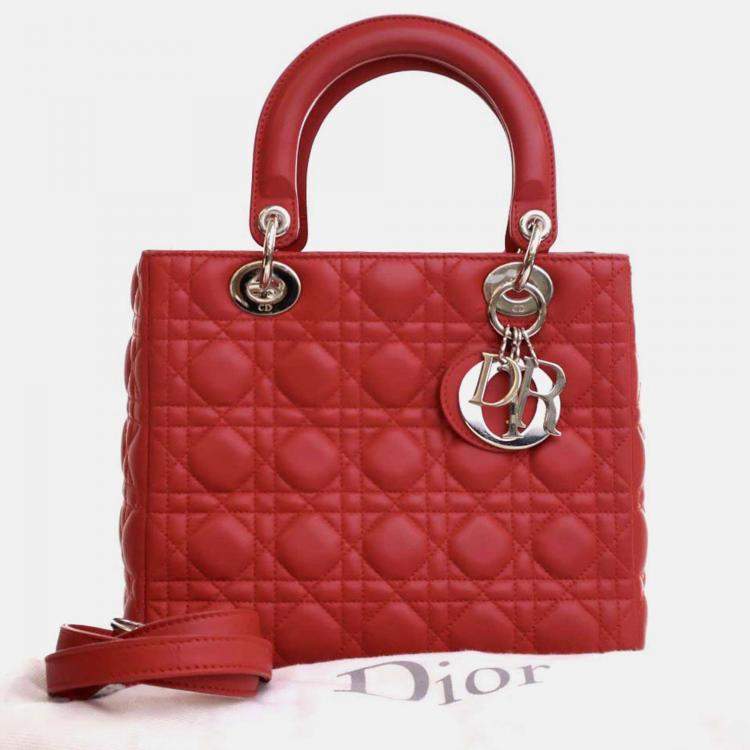 Pre Owned Dior Lady Dior Medium Red Lambskin Top Handle Bag