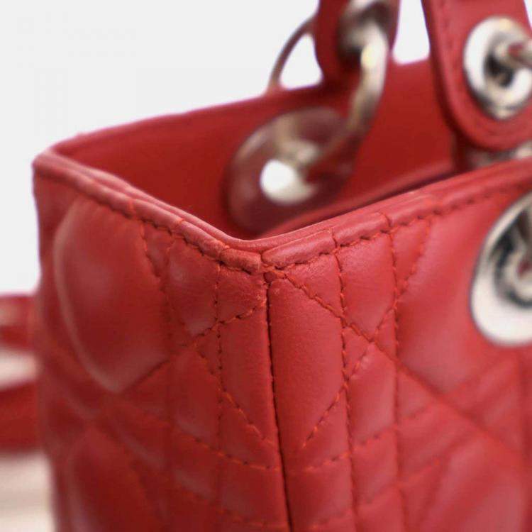 Pre Owned Dior Lady Dior Medium Red Lambskin Top Handle Bag
