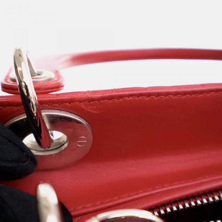 Pre Owned Dior Lady Dior Medium Red Lambskin Top Handle Bag