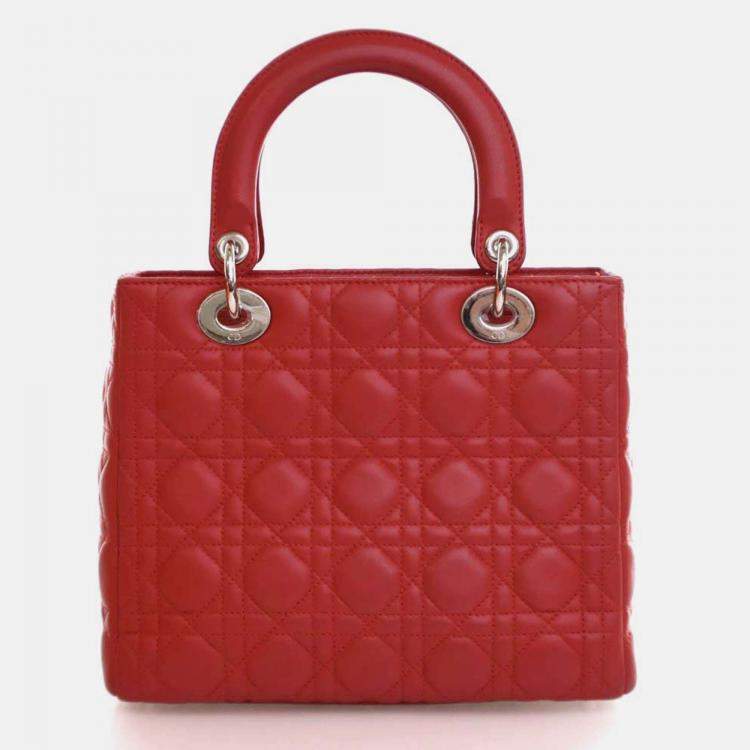 Pre Owned Dior Lady Dior Medium Red Lambskin Top Handle Bag