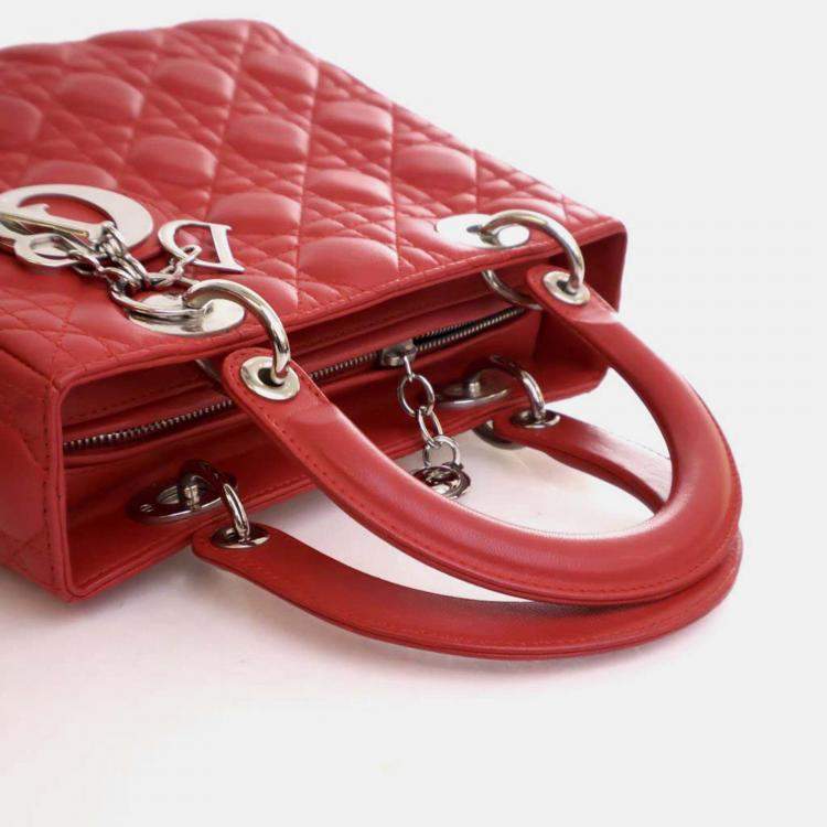 Pre Owned Dior Lady Dior Medium Red Lambskin Top Handle Bag