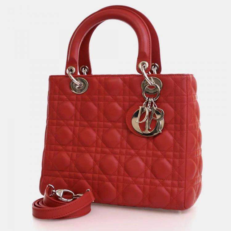 Pre Owned Dior Lady Dior Medium Red Lambskin Top Handle Bag