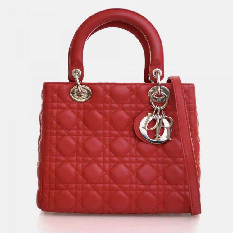 Pre Owned Dior Lady Dior Medium Red Lambskin Top Handle Bag