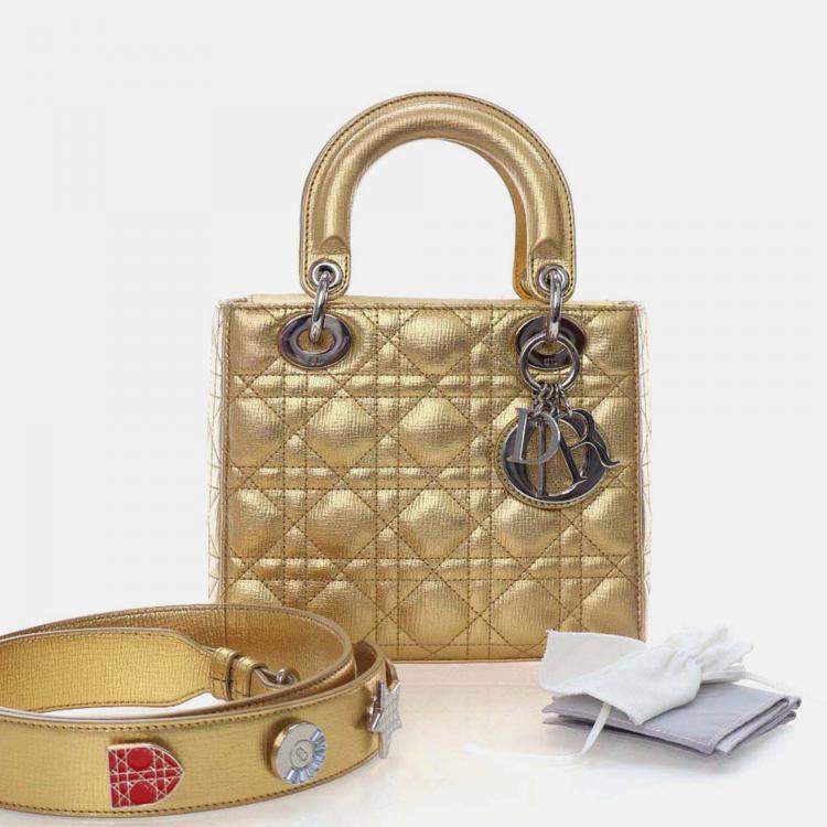 Pre Owned Dior Lady Dior Small Gold Calfskin Handbag